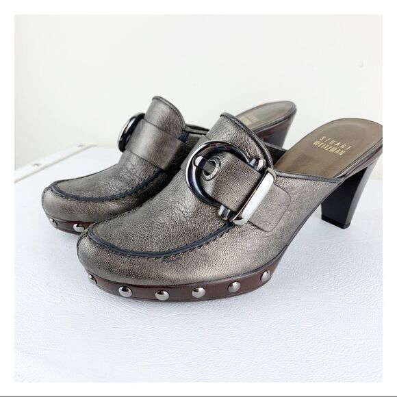 Stuart Weitzman Pewter Platform Studded Mules Sz 5 - Picture 1 of 11